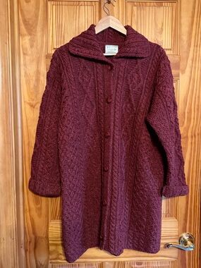 Kilronan Knitwear Cable Knit Button-Front Wool Sweater Coat - Burgundy